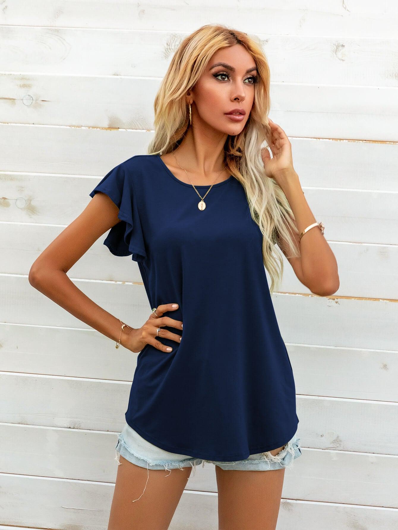 Round Neck Butterfly Sleeve Top BLUE ZONE PLANET