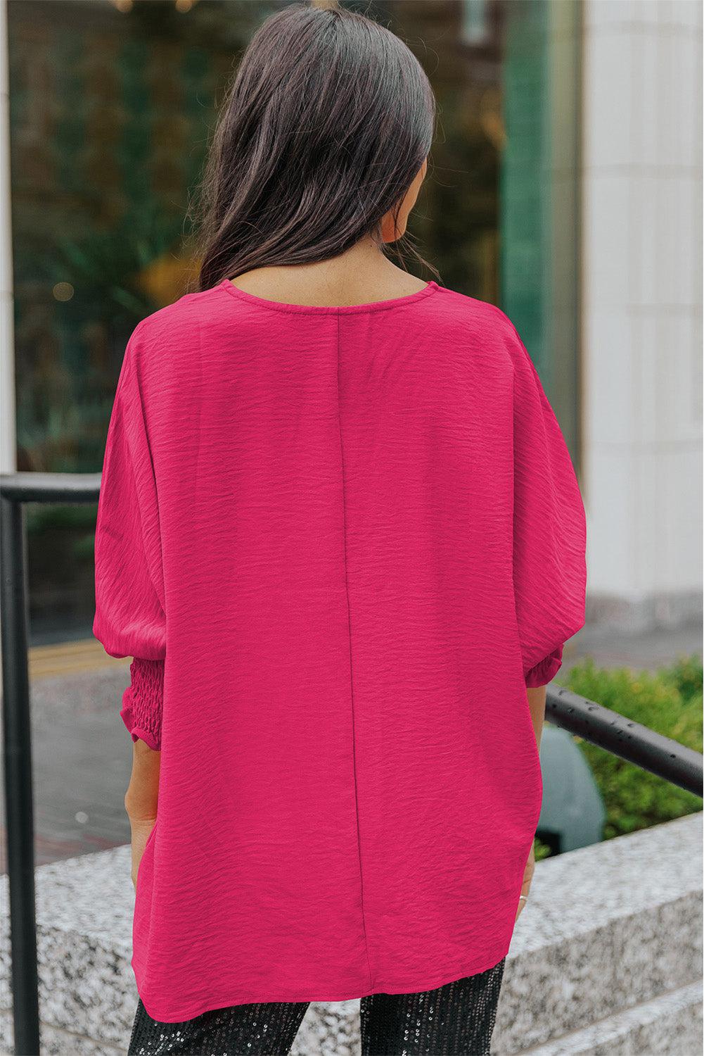 Round Neck Dolman Sleeve Textured Blouse BLUE ZONE PLANET