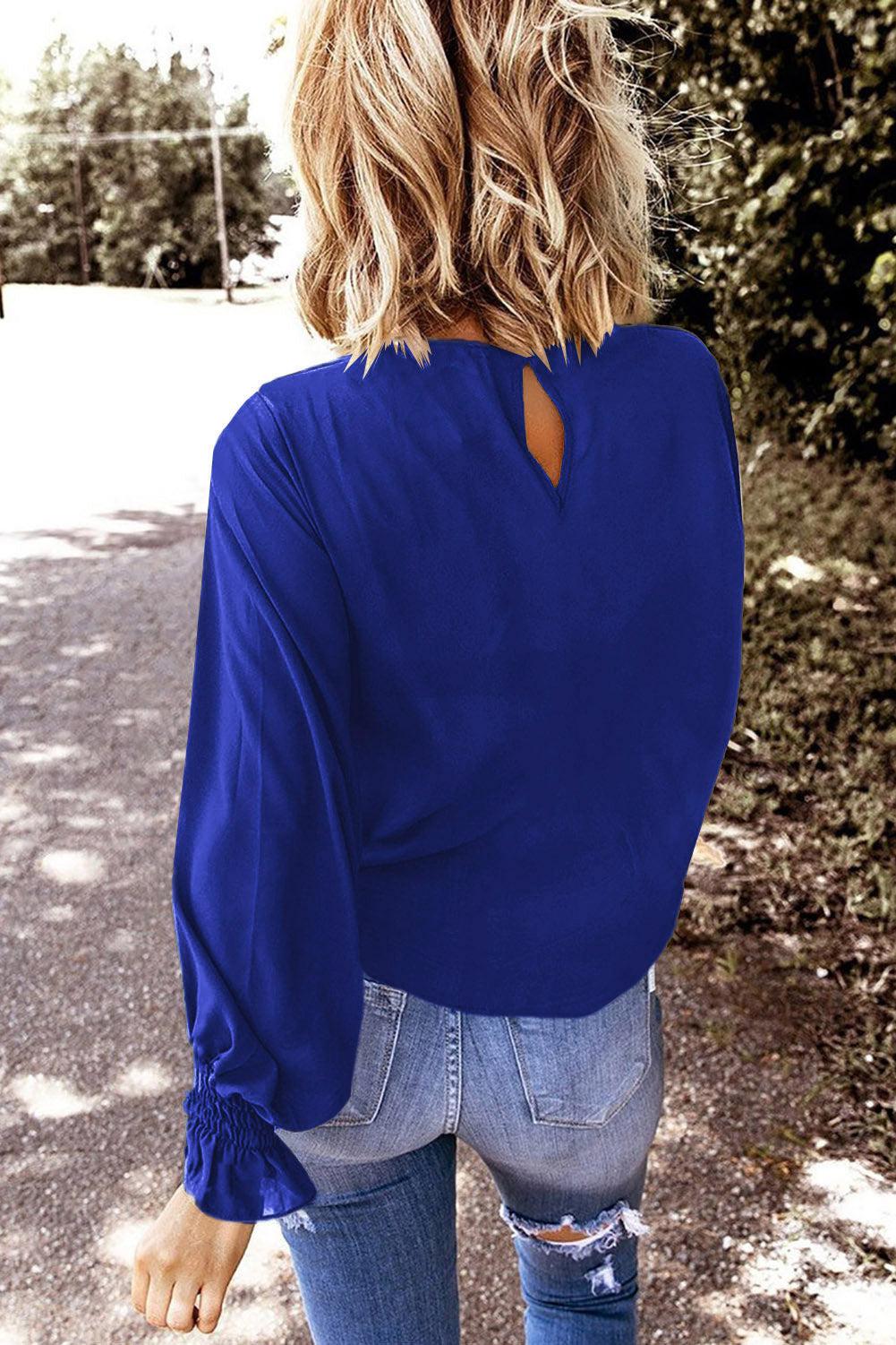 Round Neck Flounce Sleeve Top BLUE ZONE PLANET