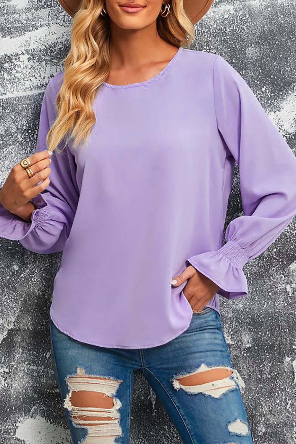 Round Neck Flounce Sleeve Top BLUE ZONE PLANET