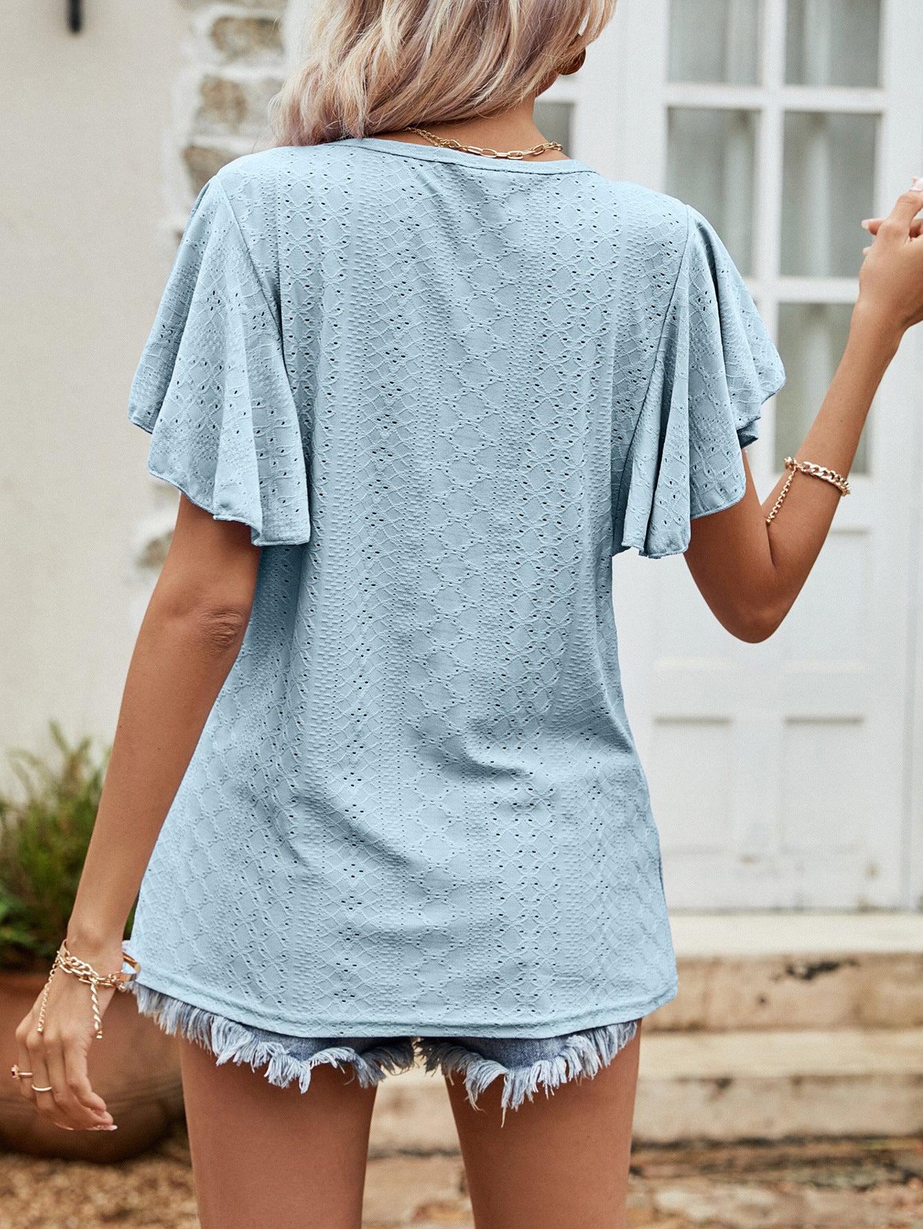 Round Neck Flutter Sleeve Blouse BLUE ZONE PLANET