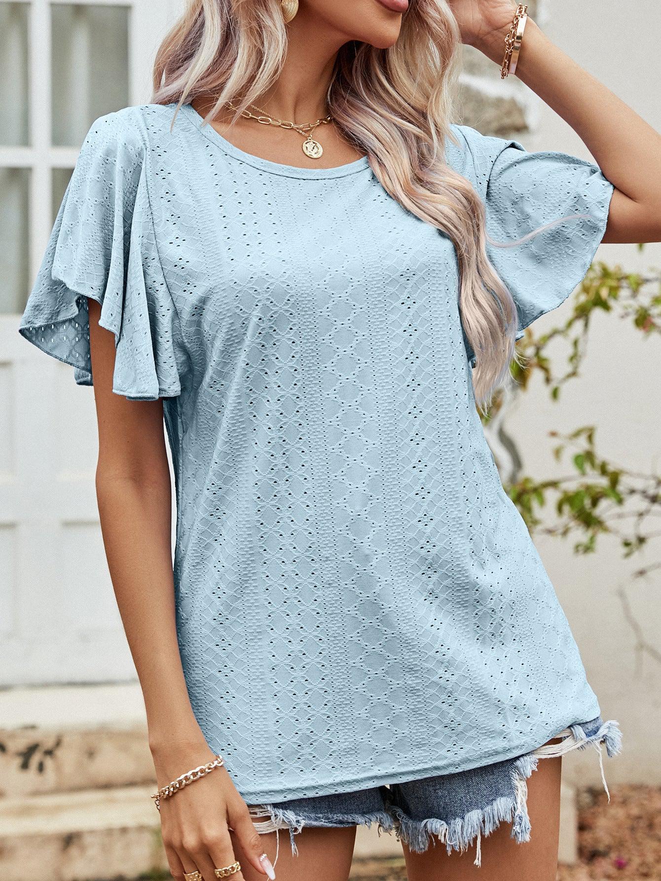 Round Neck Flutter Sleeve Blouse BLUE ZONE PLANET