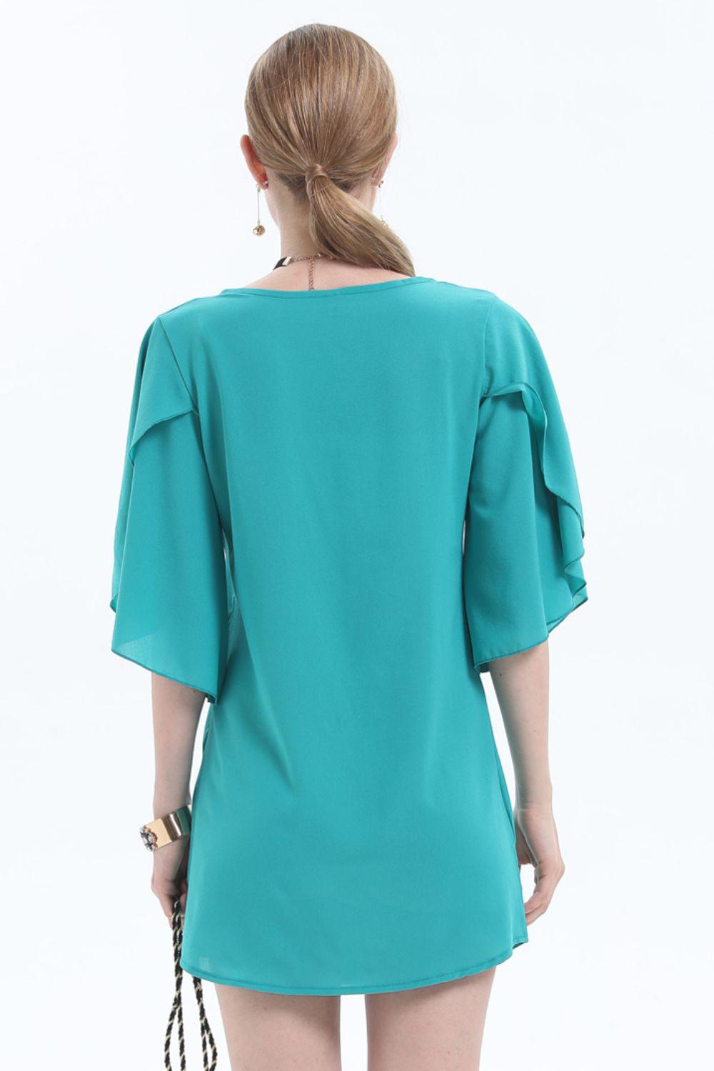 Round Neck Half Flutter Sleeve Tunic Blouse BLUE ZONE PLANET