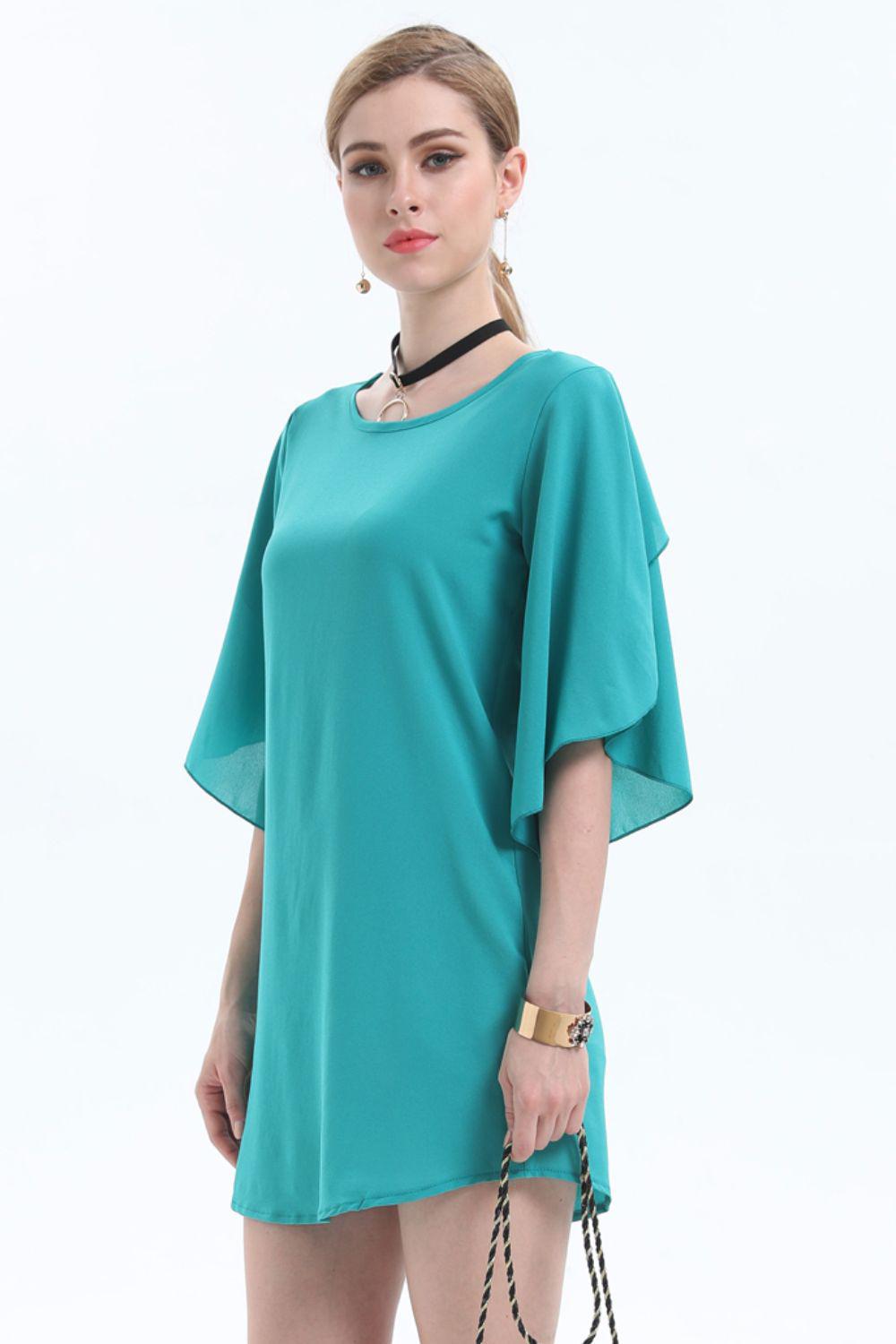 Round Neck Half Flutter Sleeve Tunic Blouse BLUE ZONE PLANET