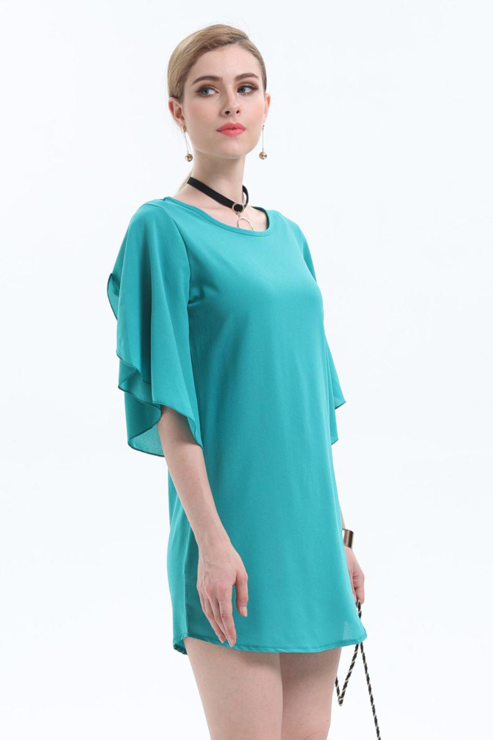 Round Neck Half Flutter Sleeve Tunic Blouse BLUE ZONE PLANET