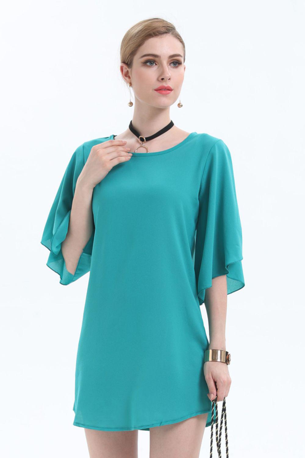 Round Neck Half Flutter Sleeve Tunic Blouse BLUE ZONE PLANET