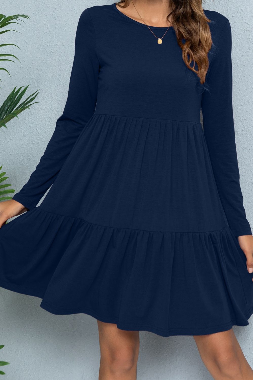 Round Neck Long Sleeved Tiered Dress BLUE ZONE PLANET
