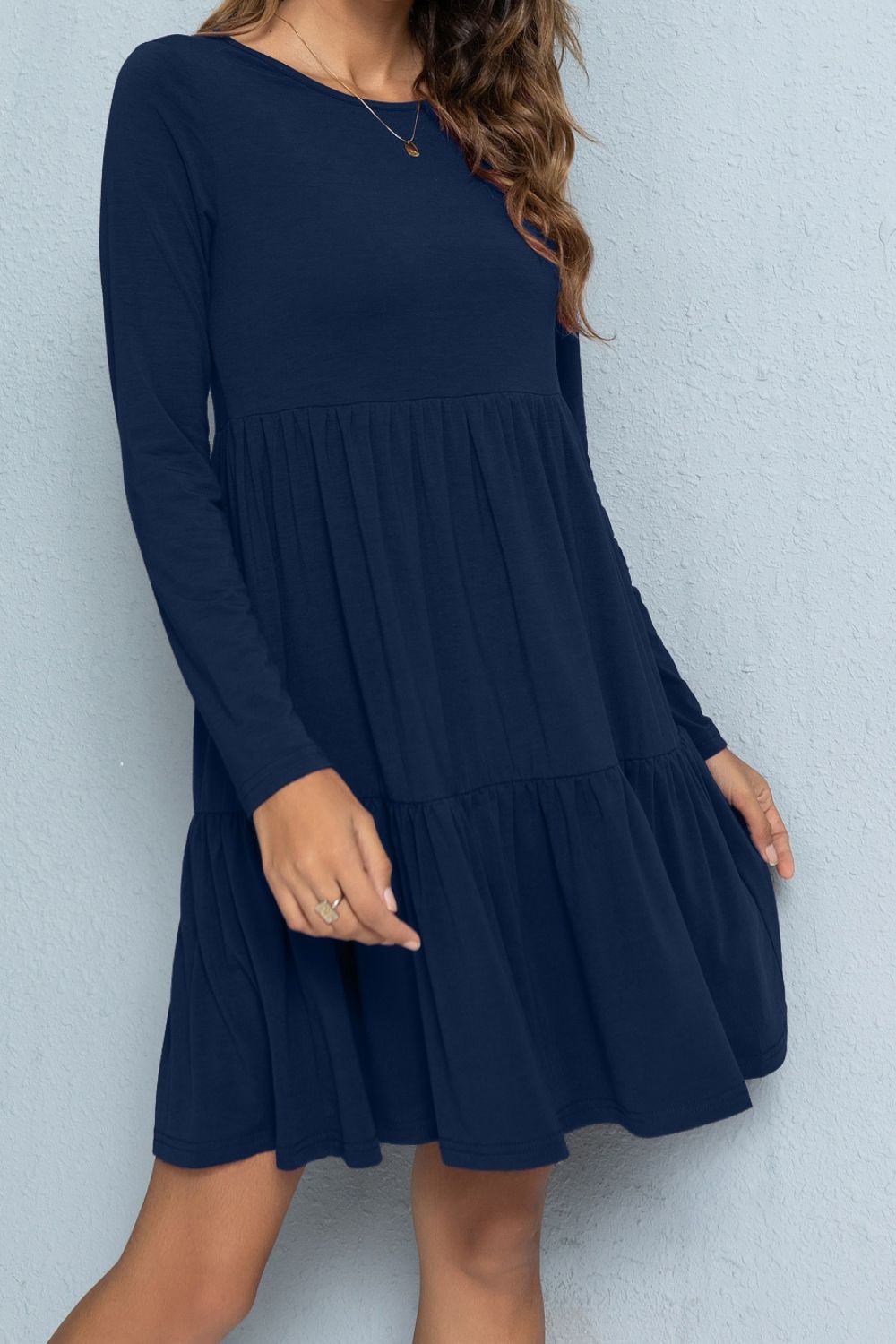 Round Neck Long Sleeved Tiered Dress BLUE ZONE PLANET