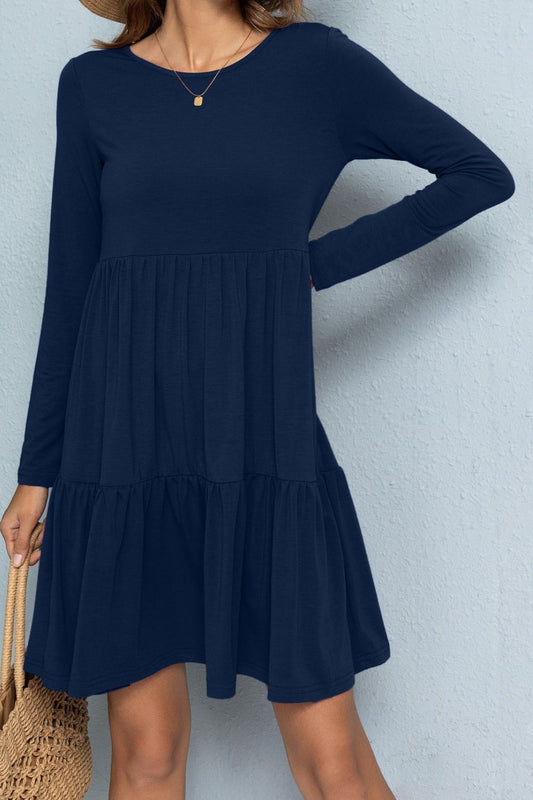 Round Neck Long Sleeved Tiered Dress BLUE ZONE PLANET