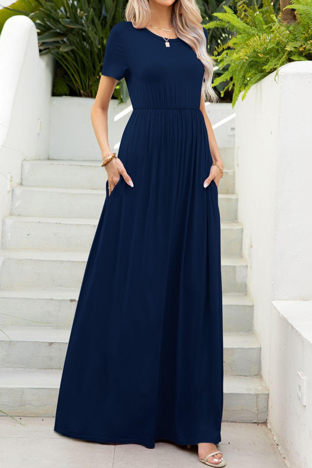 Round Neck Maxi Tee Dress with Pockets BLUE ZONE PLANET