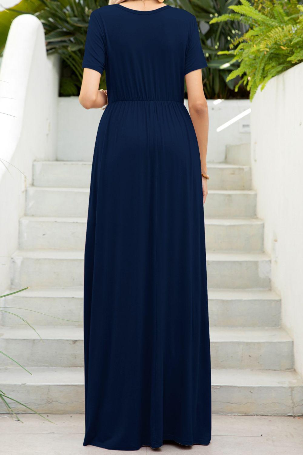 Round Neck Maxi Tee Dress with Pockets BLUE ZONE PLANET