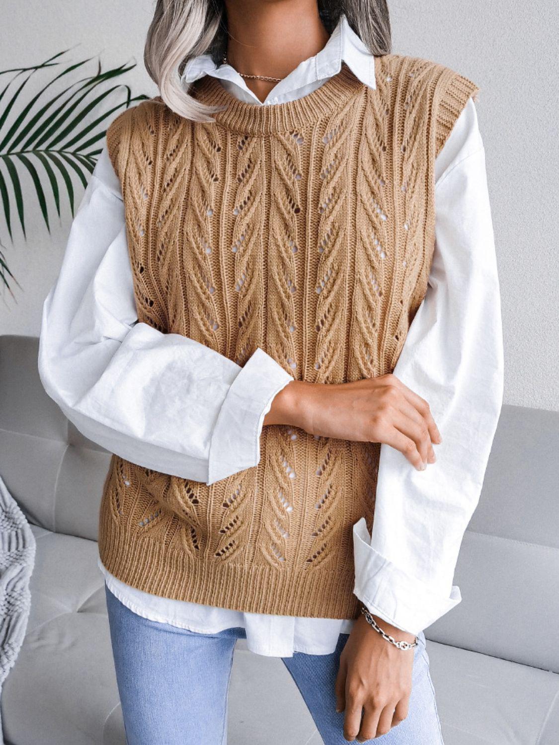 Round Neck Openwork Capped Sleeve Sweater Vest BLUE ZONE PLANET