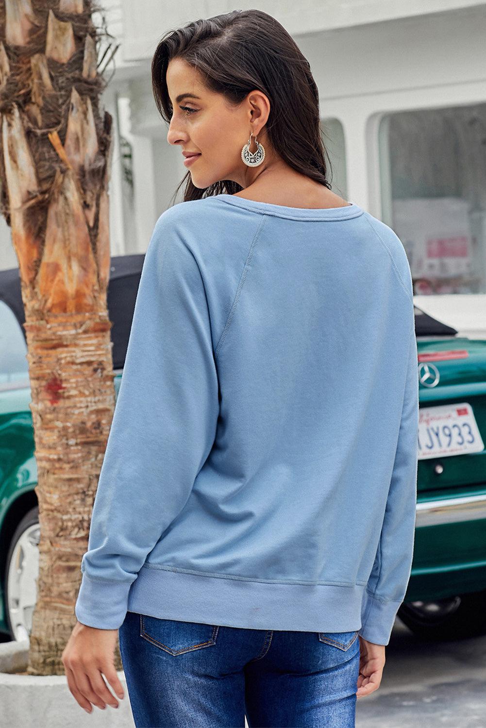 Round Neck Raglan Sleeve Exposed Seam Sweatshirt BLUE ZONE PLANET