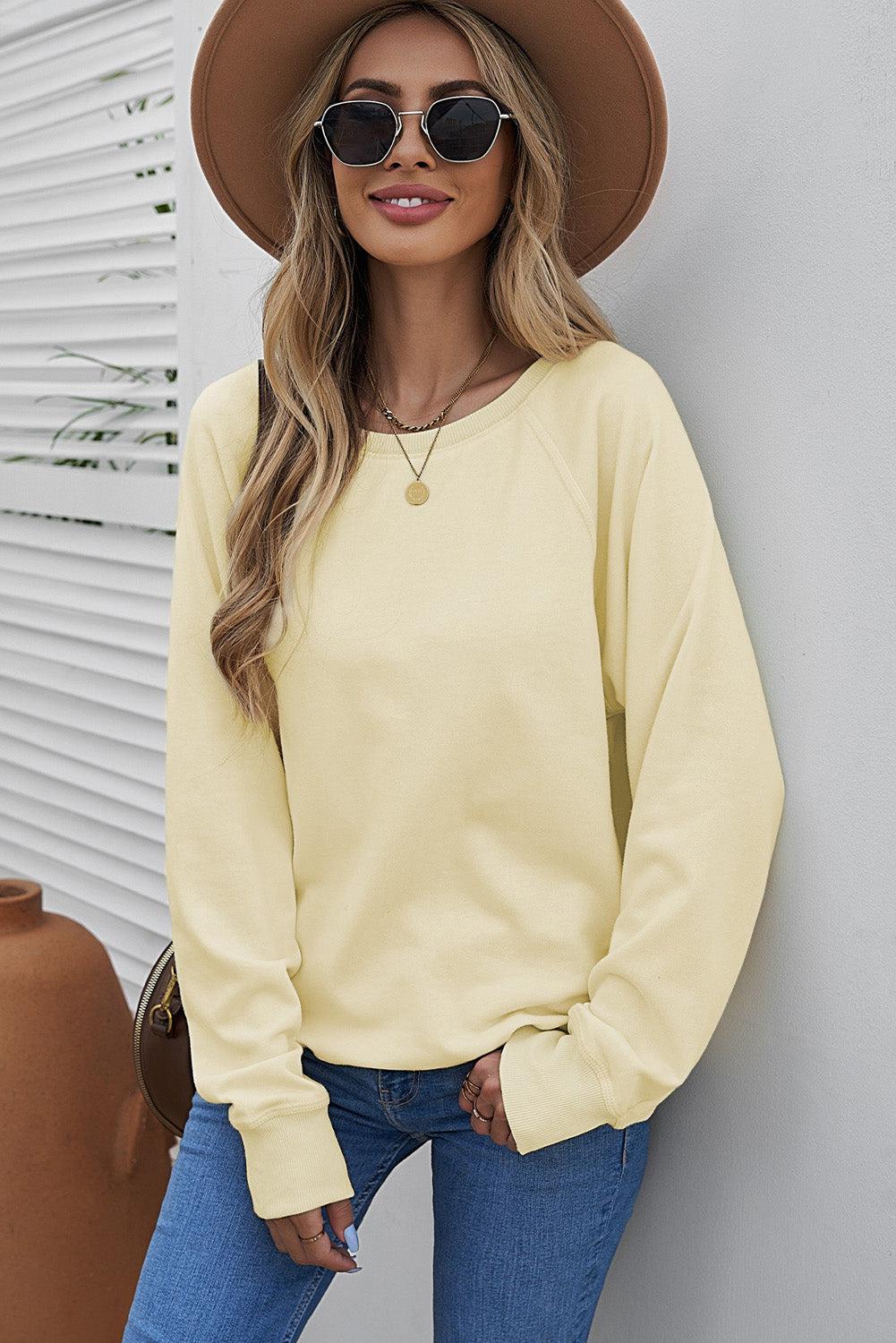 Round Neck Raglan Sleeve Exposed Seam Sweatshirt BLUE ZONE PLANET