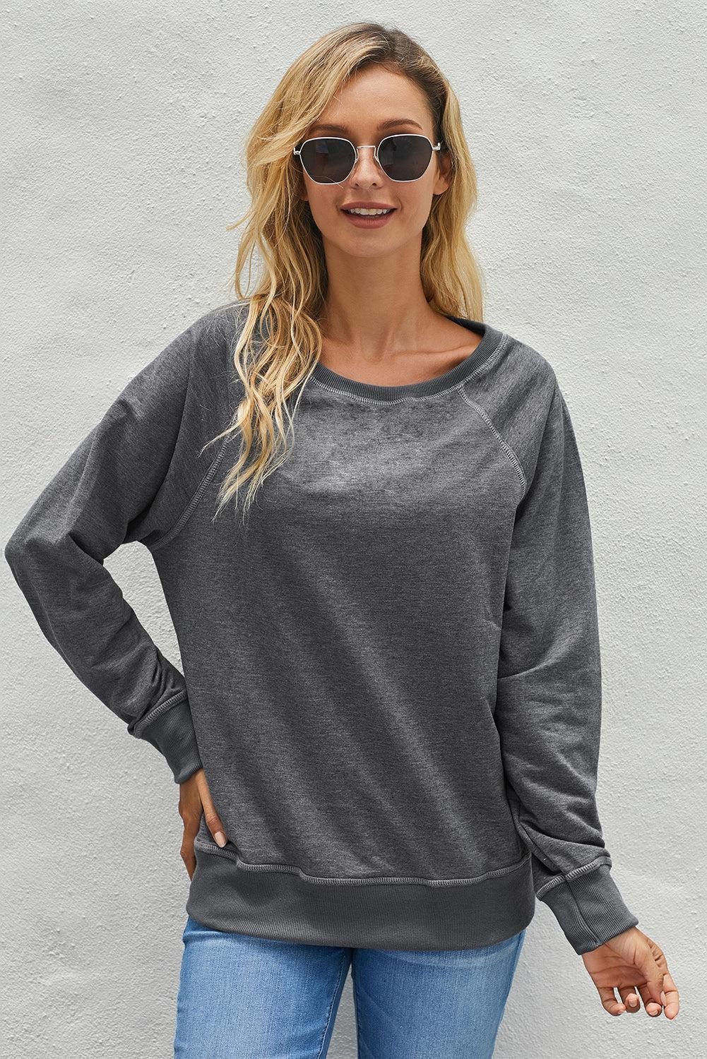 Round Neck Raglan Sleeve Exposed Seam Sweatshirt BLUE ZONE PLANET