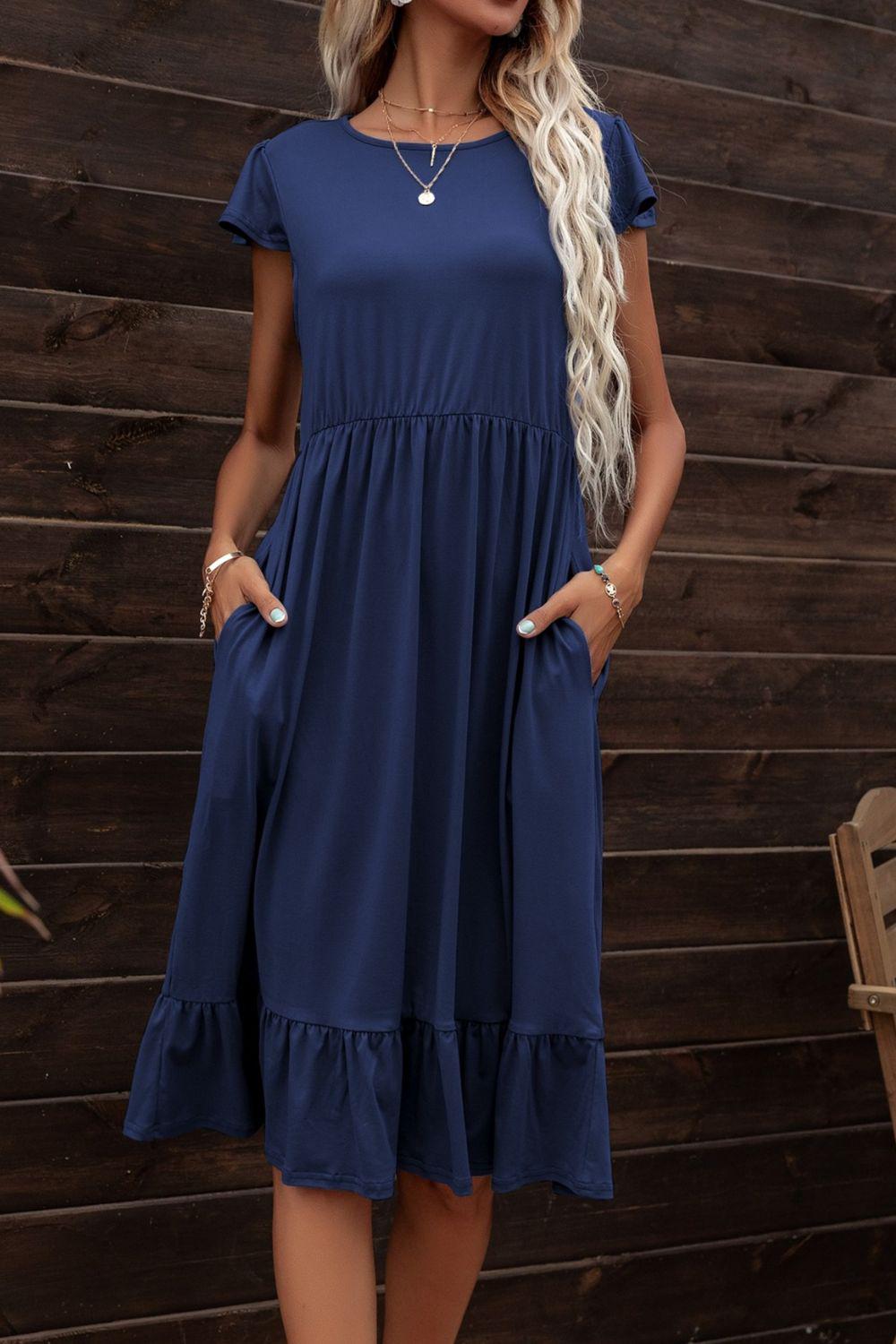 Round Neck Ruffle Hem Pocket Dress BLUE ZONE PLANET