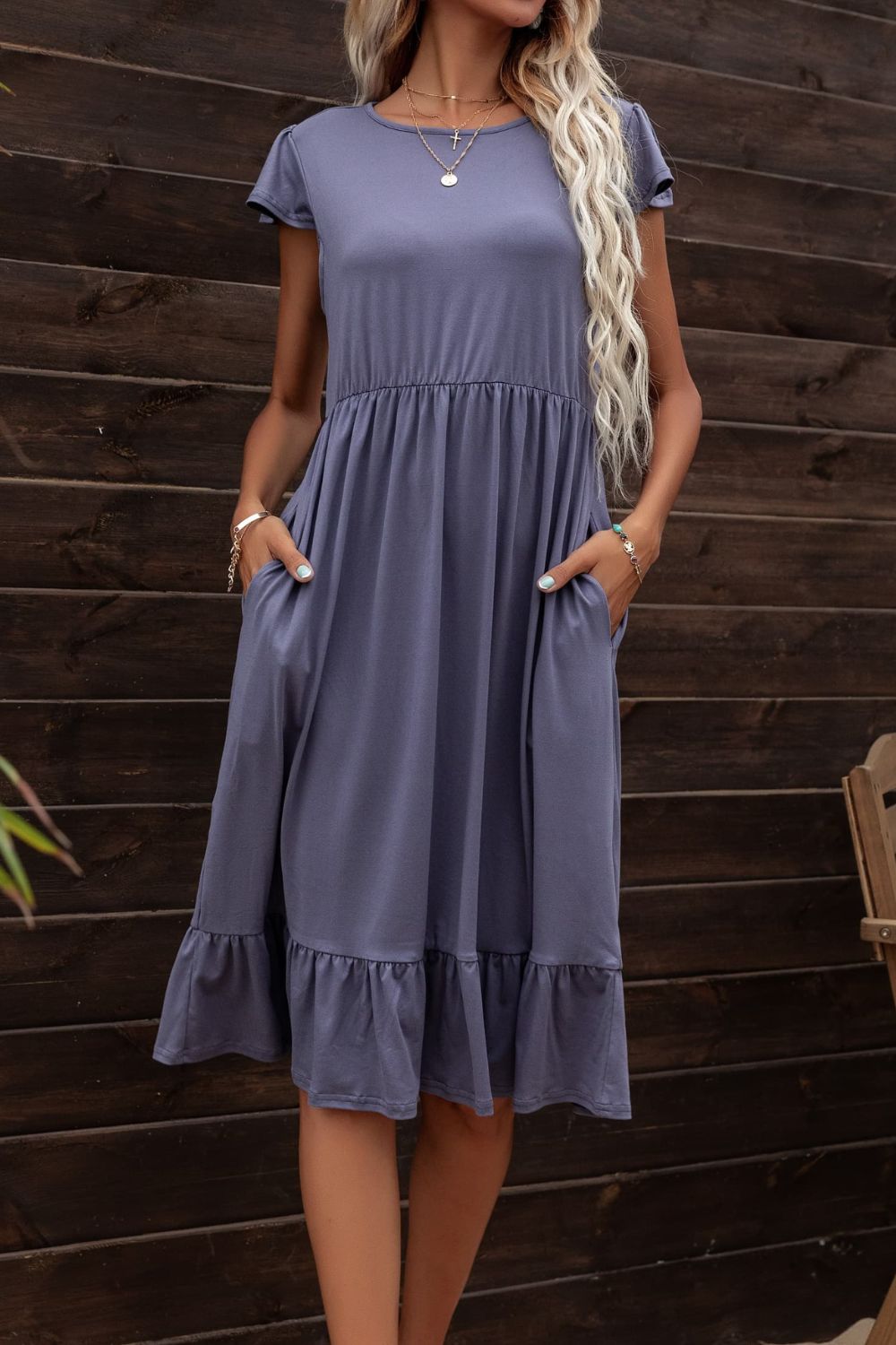 Round Neck Ruffle Hem Pocket Dress BLUE ZONE PLANET