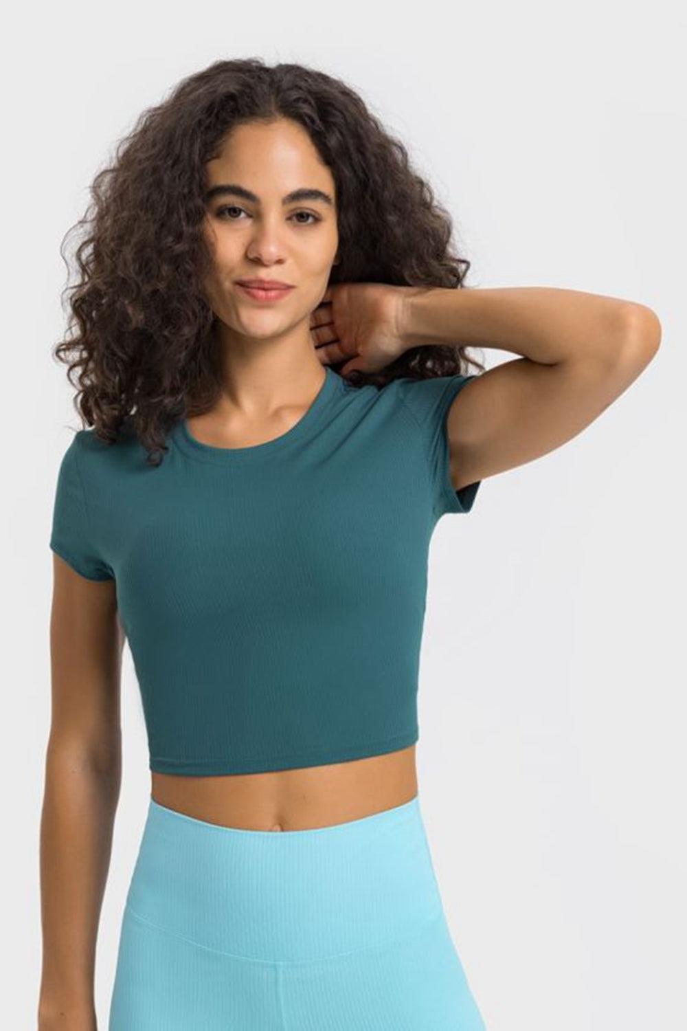 Round Neck Short Sleeve Cropped Sports T-Shirt BLUE ZONE PLANET