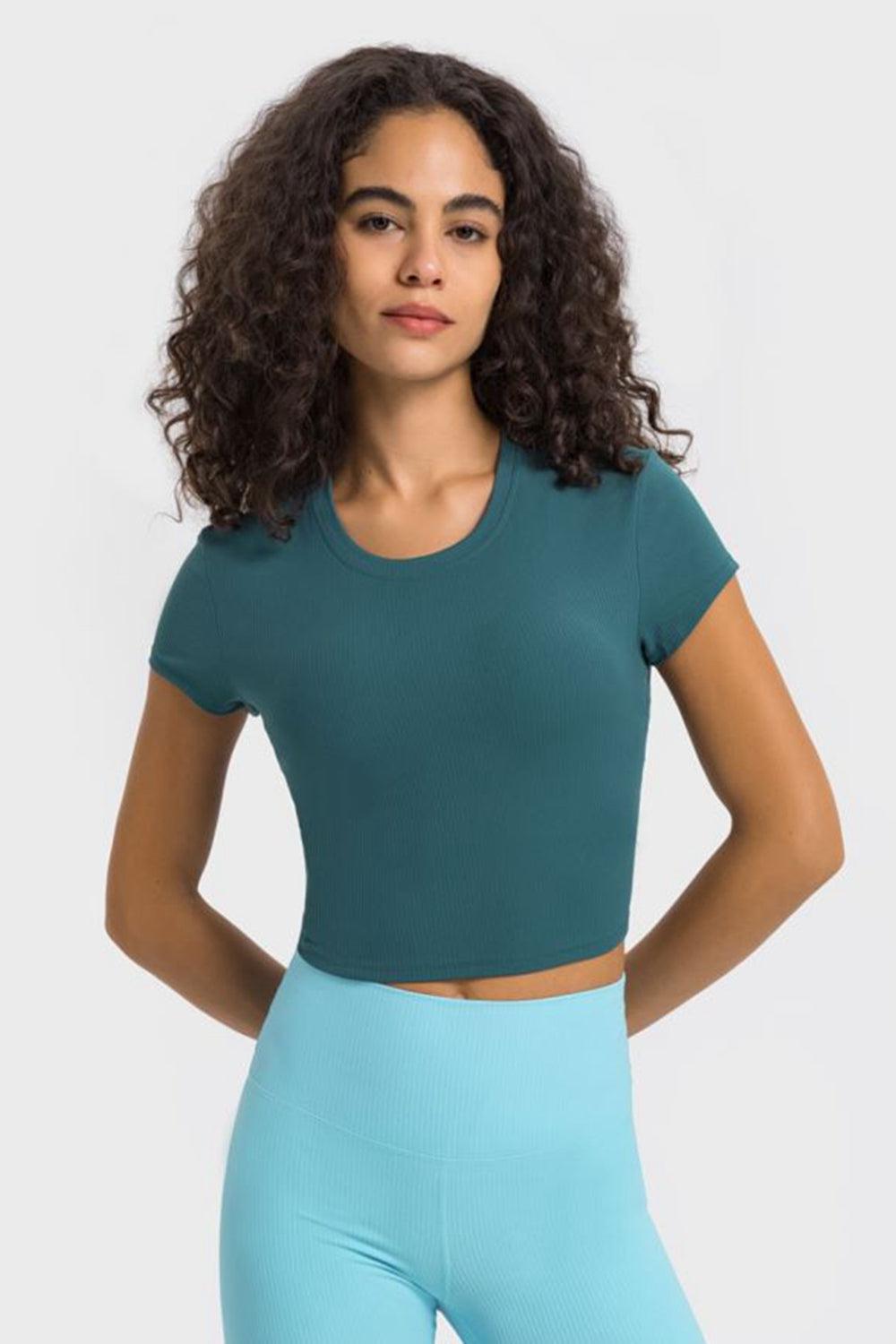 Round Neck Short Sleeve Cropped Sports T-Shirt BLUE ZONE PLANET