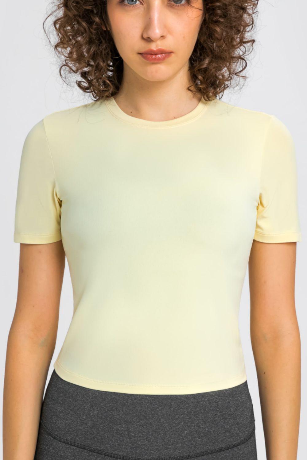 Round Neck Short Sleeve Yoga Tee-TOPS / DRESSES-[Adult]-[Female]-Yellow-4-2022 Online Blue Zone Planet