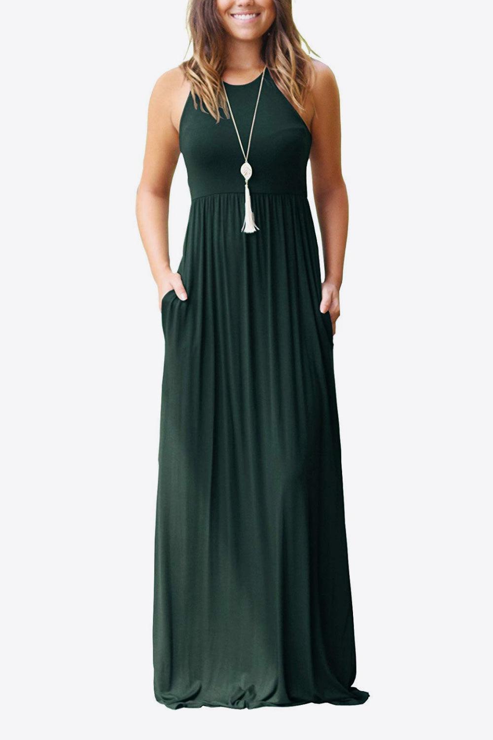 Round Neck Sleeveless Dress with Pockets-TOPS / DRESSES-[Adult]-[Female]-Forest-S-2022 Online Blue Zone Planet