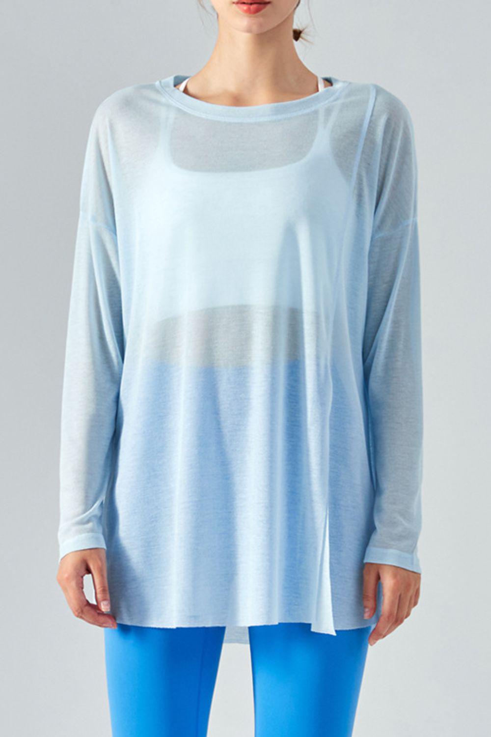 Round Neck Slit Sheer Tunic Sports Top BLUE ZONE PLANET