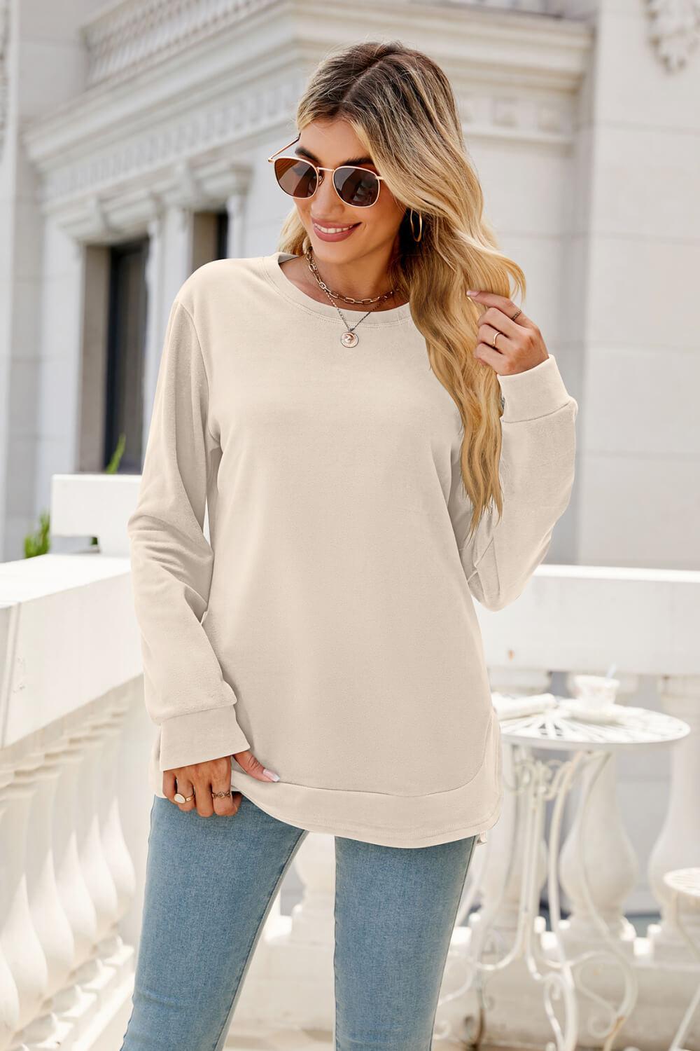 Round Neck Slit Tunic Top-TOPS / DRESSES-[Adult]-[Female]-Beige-S-2022 Online Blue Zone Planet