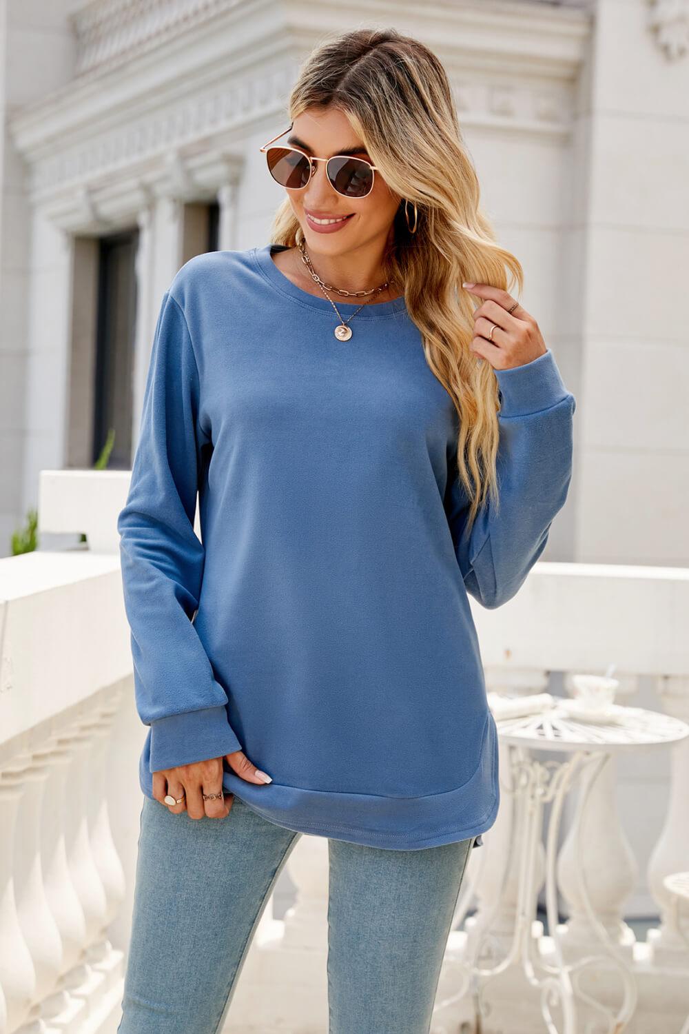 Round Neck Slit Tunic Top-TOPS / DRESSES-[Adult]-[Female]-Blue-S-2022 Online Blue Zone Planet