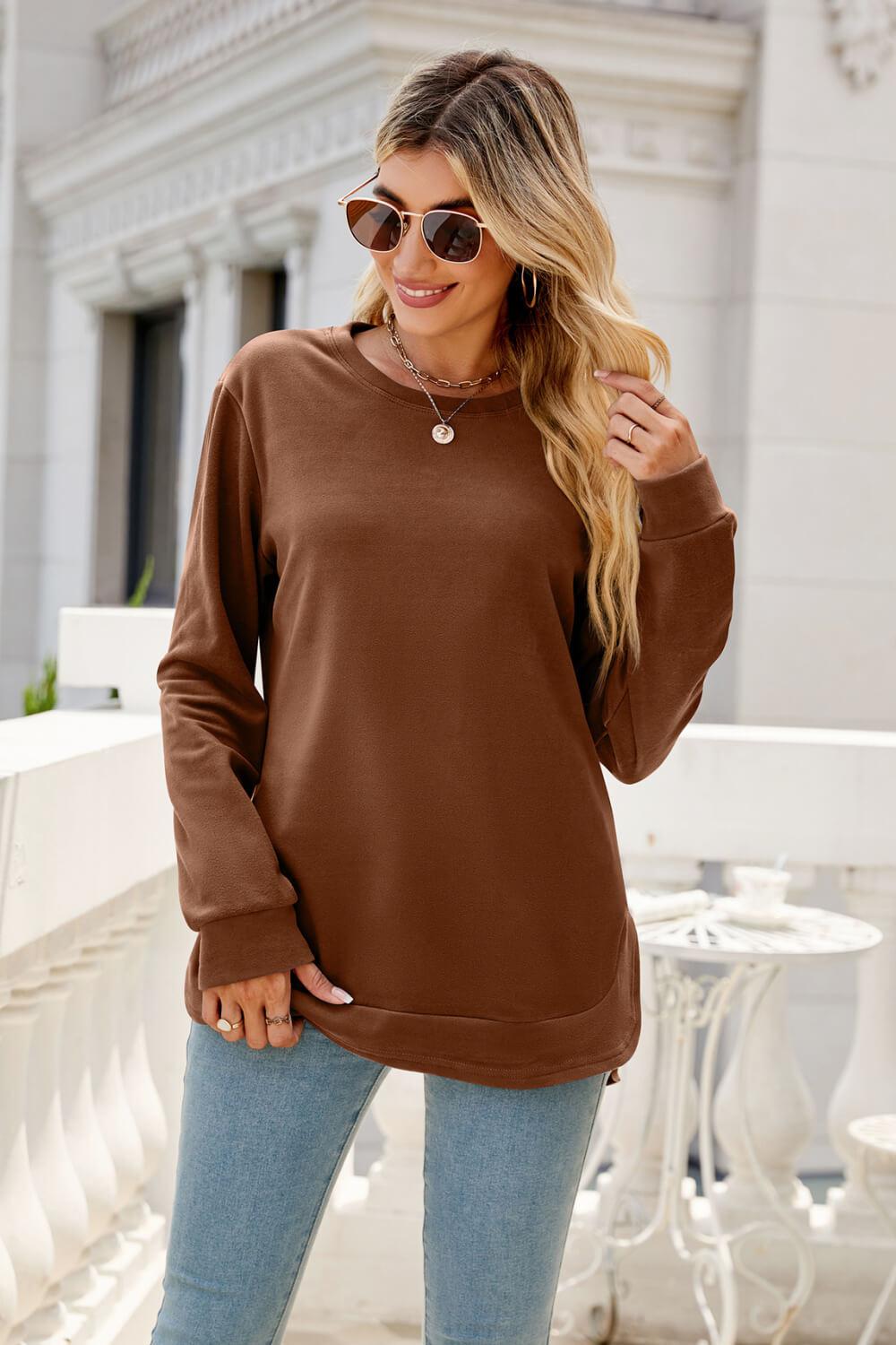 Round Neck Slit Tunic Top-TOPS / DRESSES-[Adult]-[Female]-Brown-S-2022 Online Blue Zone Planet