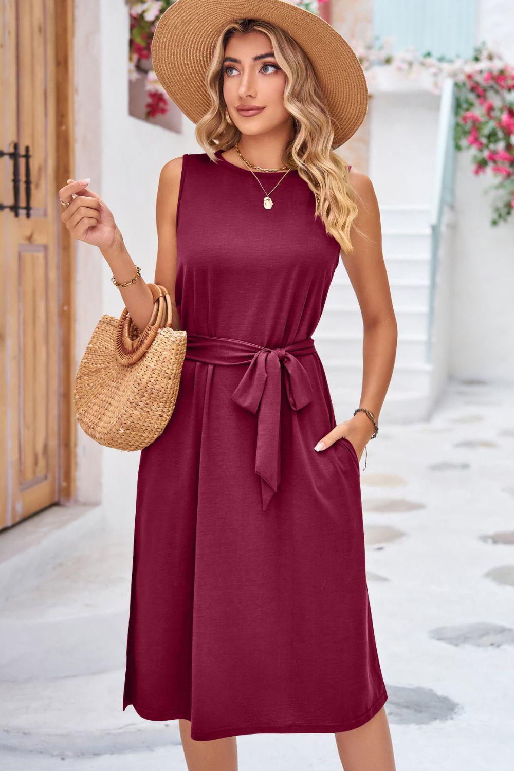Round Neck Tie Belt Sleeveless Dress with Pockets-TOPS / DRESSES-[Adult]-[Female]-2022 Online Blue Zone Planet