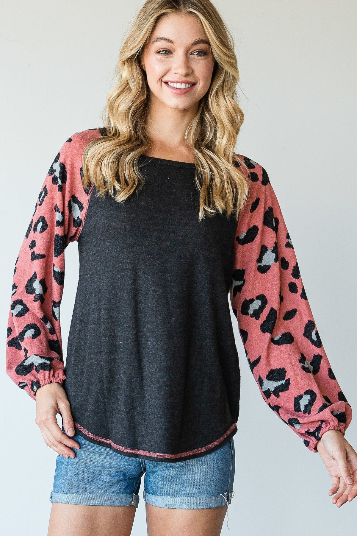 Round Neckline And Animal Print Color Block Top-[Adult]-[Female]-Blue Zone Planet