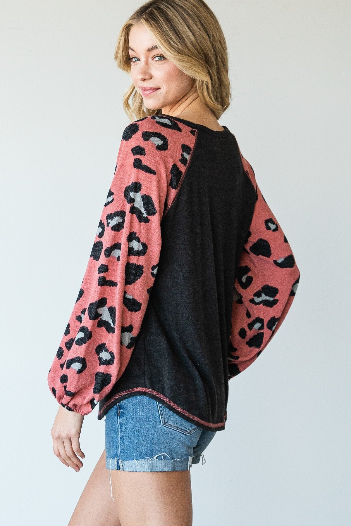 Round Neckline And Animal Print Color Block Top Blue Zone Planet