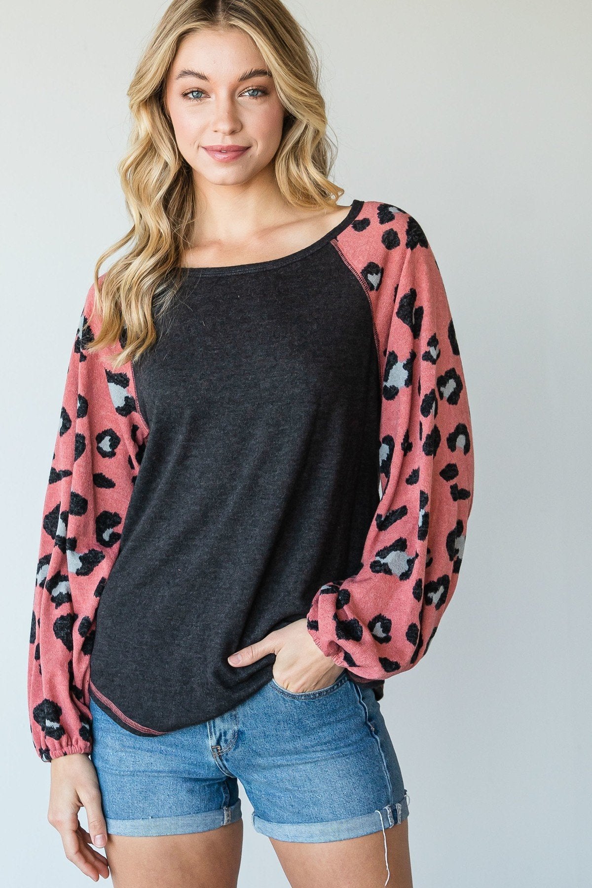 Round Neckline And Animal Print Color Block Top-[Adult]-[Female]-Blue Zone Planet
