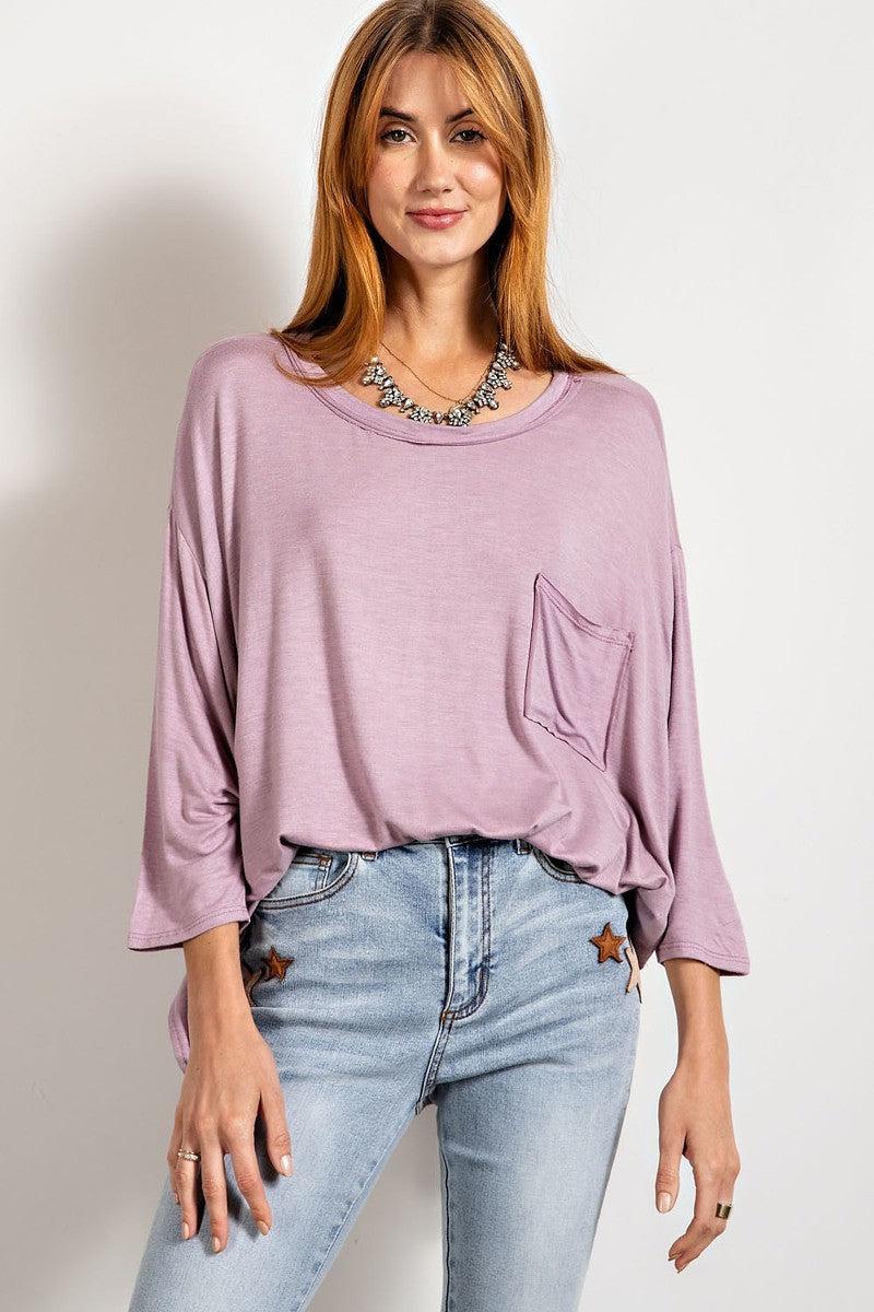 Rounded Neckline 3/4 Sleeves Washed Top Blue Zone Planet