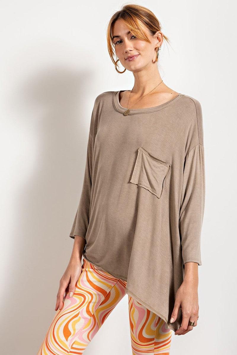 Rounded Neckline 3/4 Sleeves Washed Top Blue Zone Planet