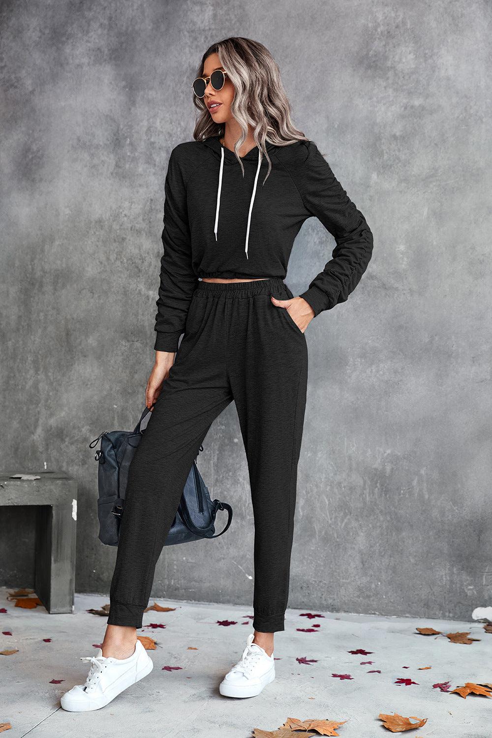 Ruched Raglan Sleeve Hoodie and Joggers Set-Tops / Dresses-[Adult]-[Female]-2022 Online Blue Zone Planet