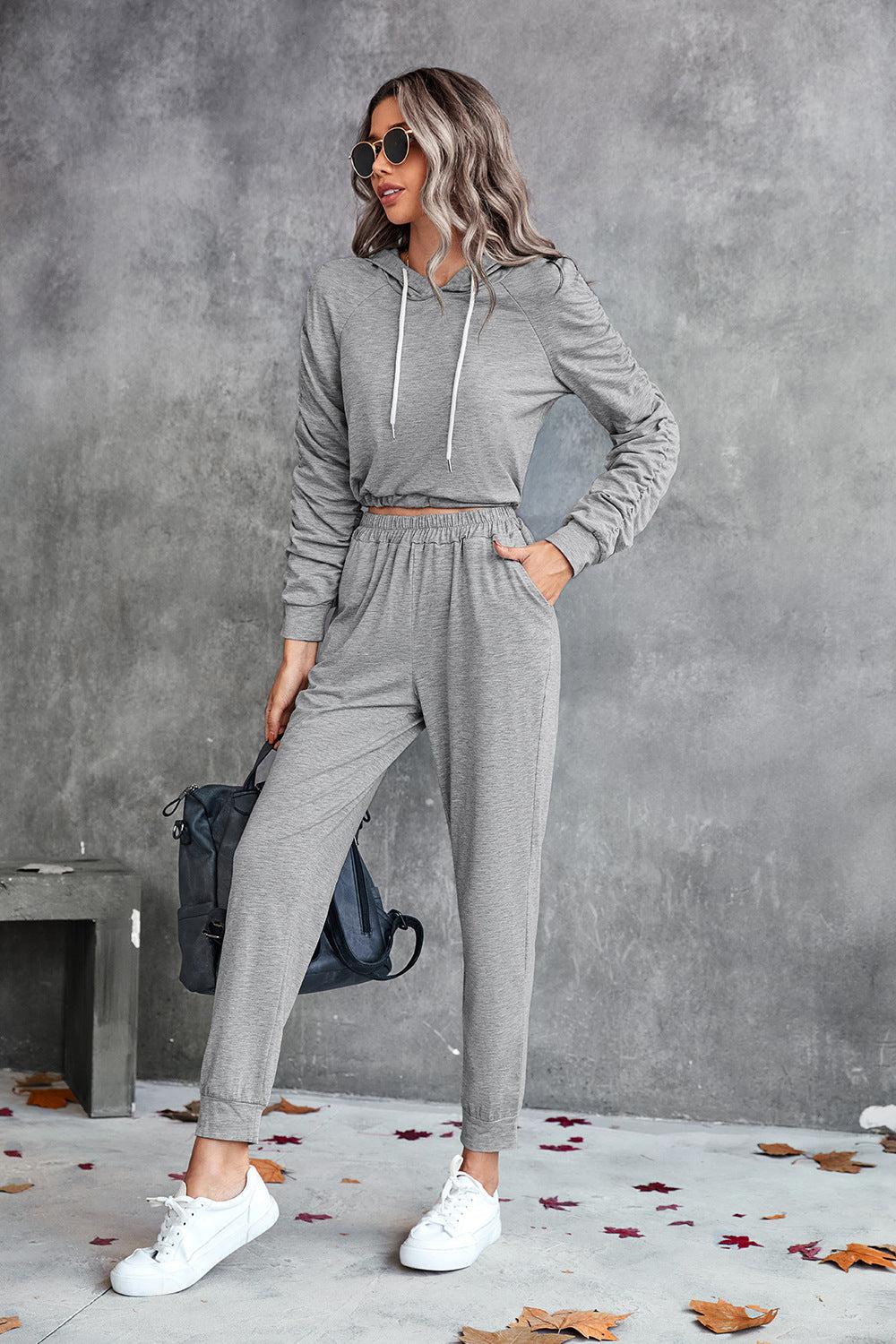 Ruched Raglan Sleeve Hoodie and Joggers Set-Tops / Dresses-[Adult]-[Female]-Black-S-2022 Online Blue Zone Planet
