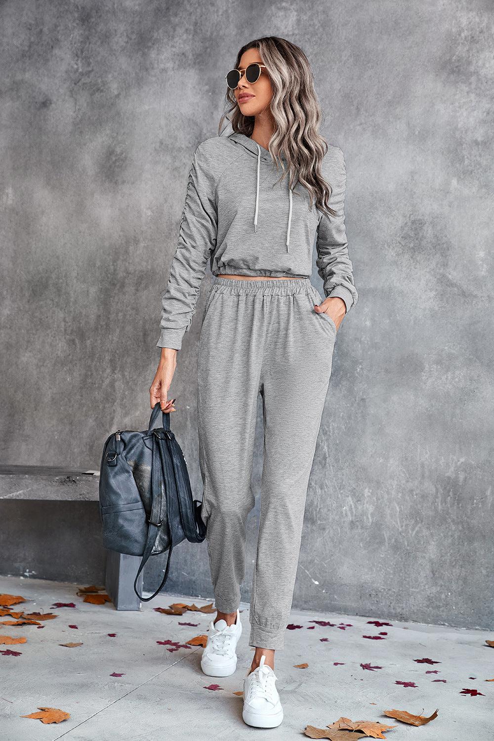 Ruched Raglan Sleeve Hoodie and Joggers Set-Tops / Dresses-[Adult]-[Female]-Gray-S-2022 Online Blue Zone Planet