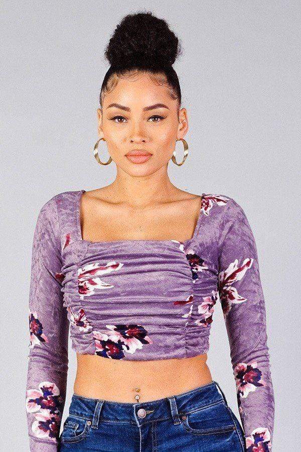 Ruched Velvet Floral Back Tie Crop Top Blue Zone Planet