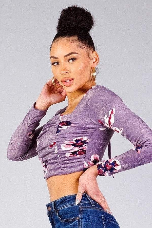 Ruched Velvet Floral Back Tie Crop Top Blue Zone Planet