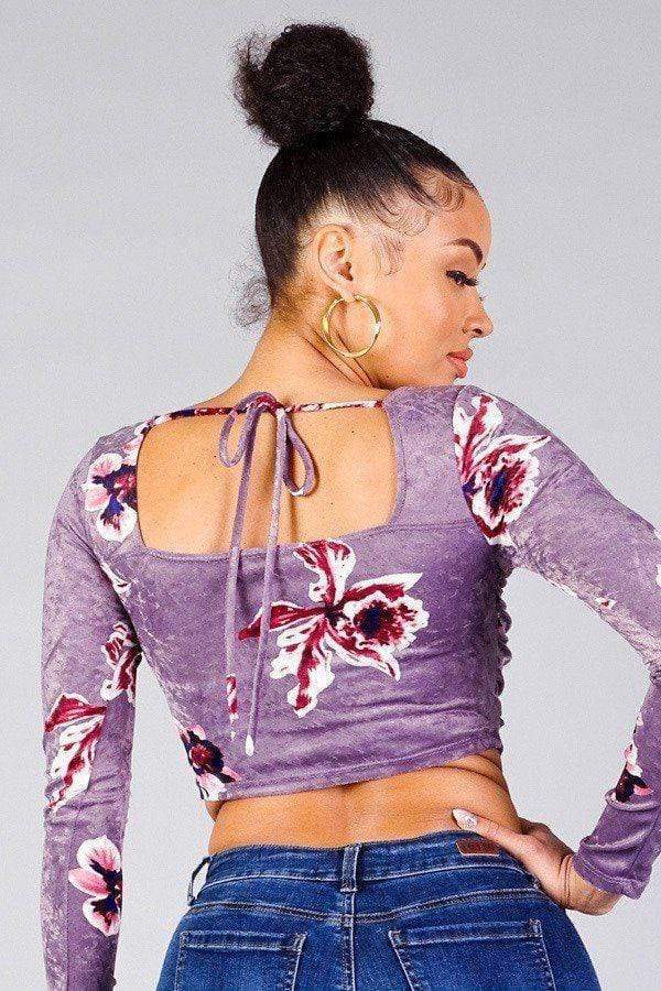 Ruched Velvet Floral Back Tie Crop Top Blue Zone Planet