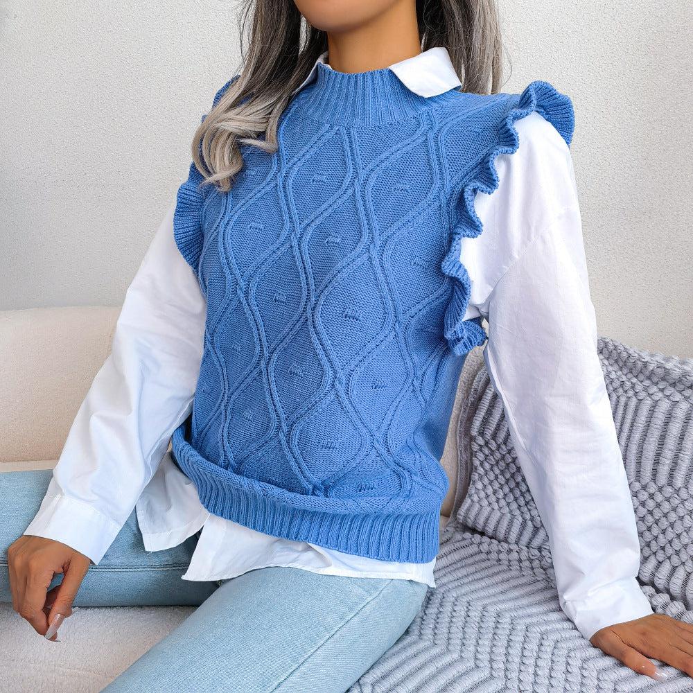 Ruffle Shoulder Ribbed Trim Sweater Vest BLUE ZONE PLANET