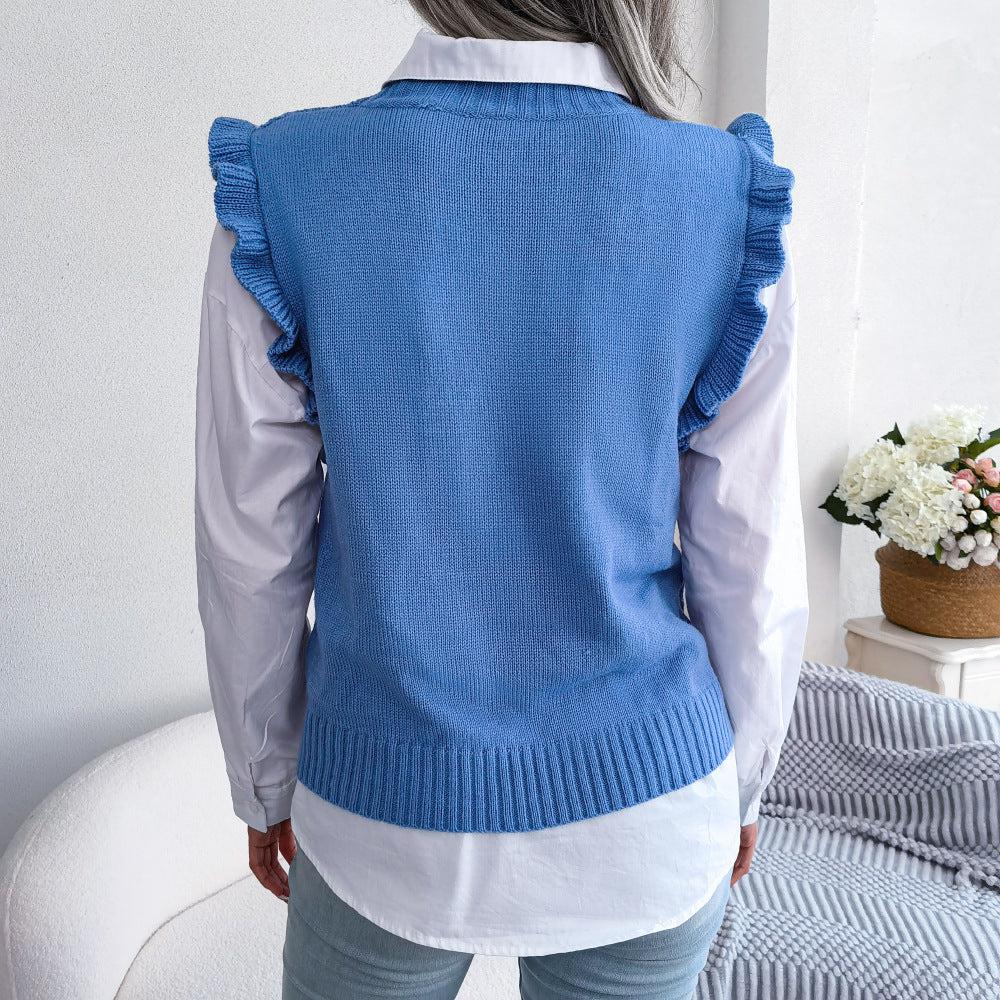 Ruffle Shoulder Ribbed Trim Sweater Vest BLUE ZONE PLANET