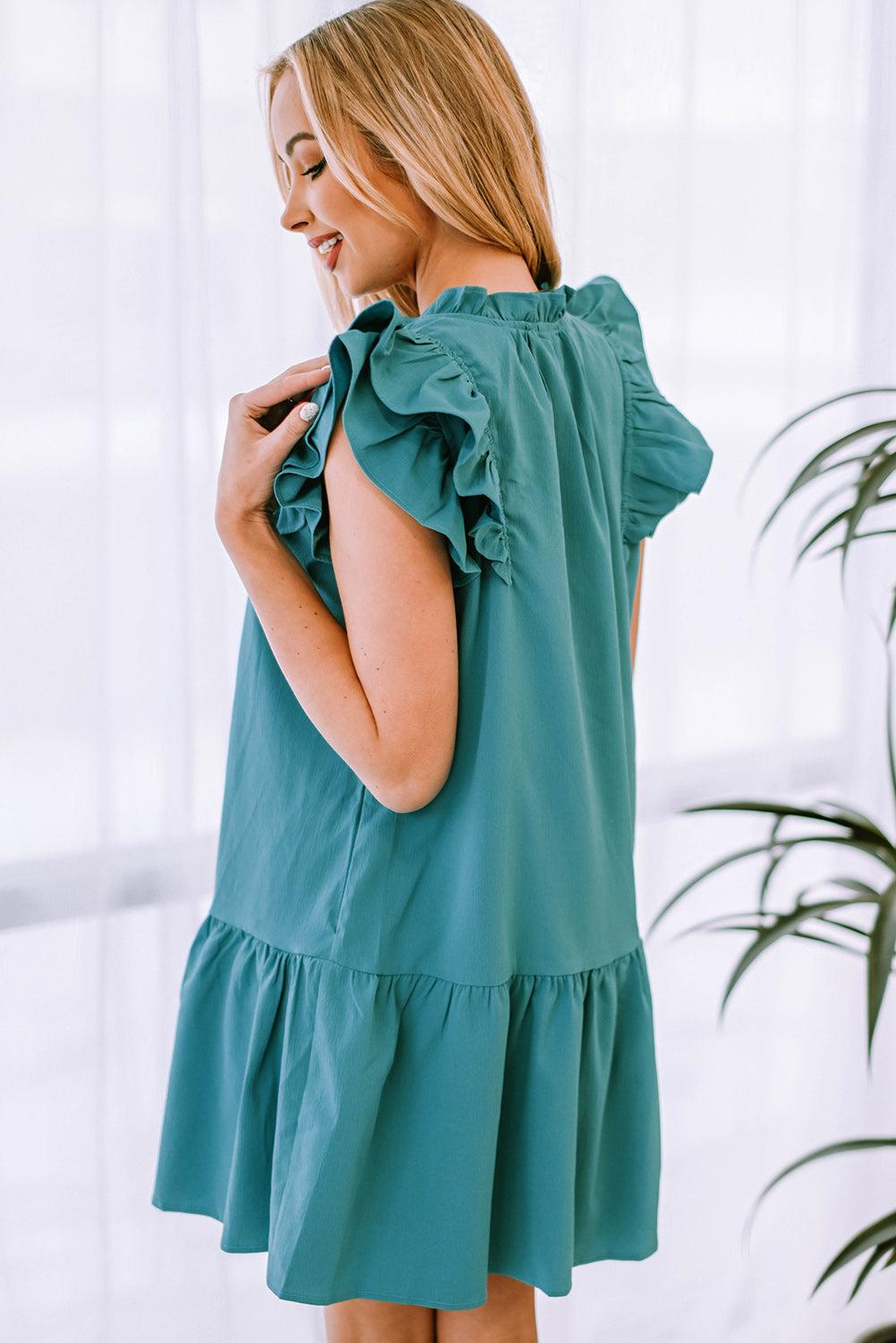 Ruffle Shoulder Tie-Neck Tiered Dress BLUE ZONE PLANET