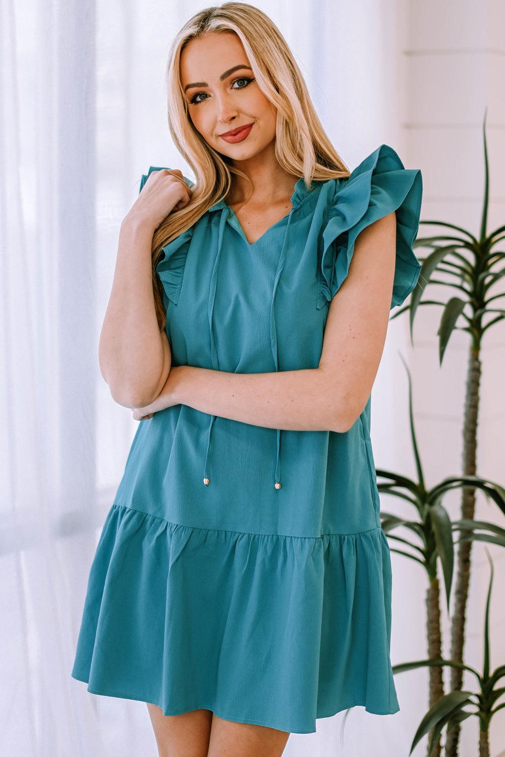 Ruffle Shoulder Tie-Neck Tiered Dress BLUE ZONE PLANET