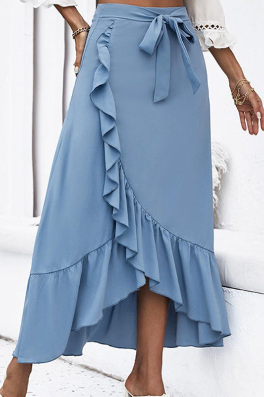 Ruffle Trim Tied Midi Skirt BLUE ZONE PLANET