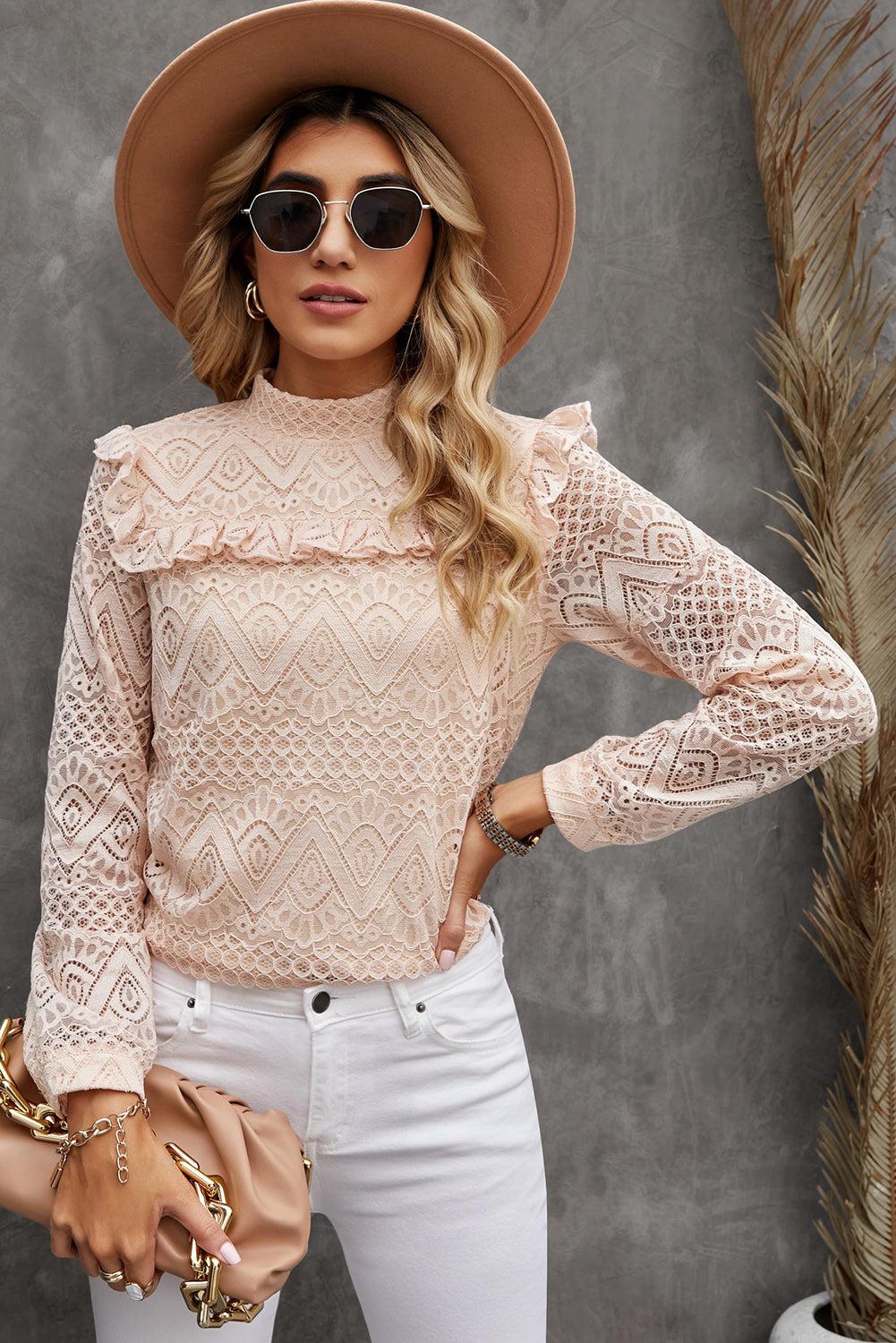 Ruffled Lace Mock Neck Blouse BLUE ZONE PLANET