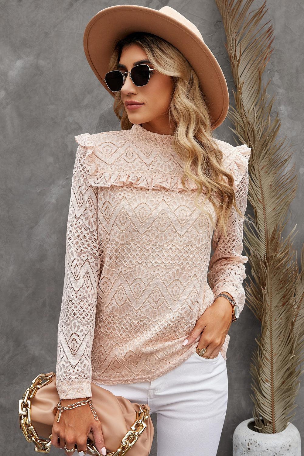 Ruffled Lace Mock Neck Blouse BLUE ZONE PLANET