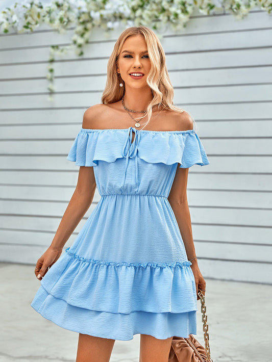 Ruffled Off-Shoulder Tied Mini Dress BLUE ZONE PLANET