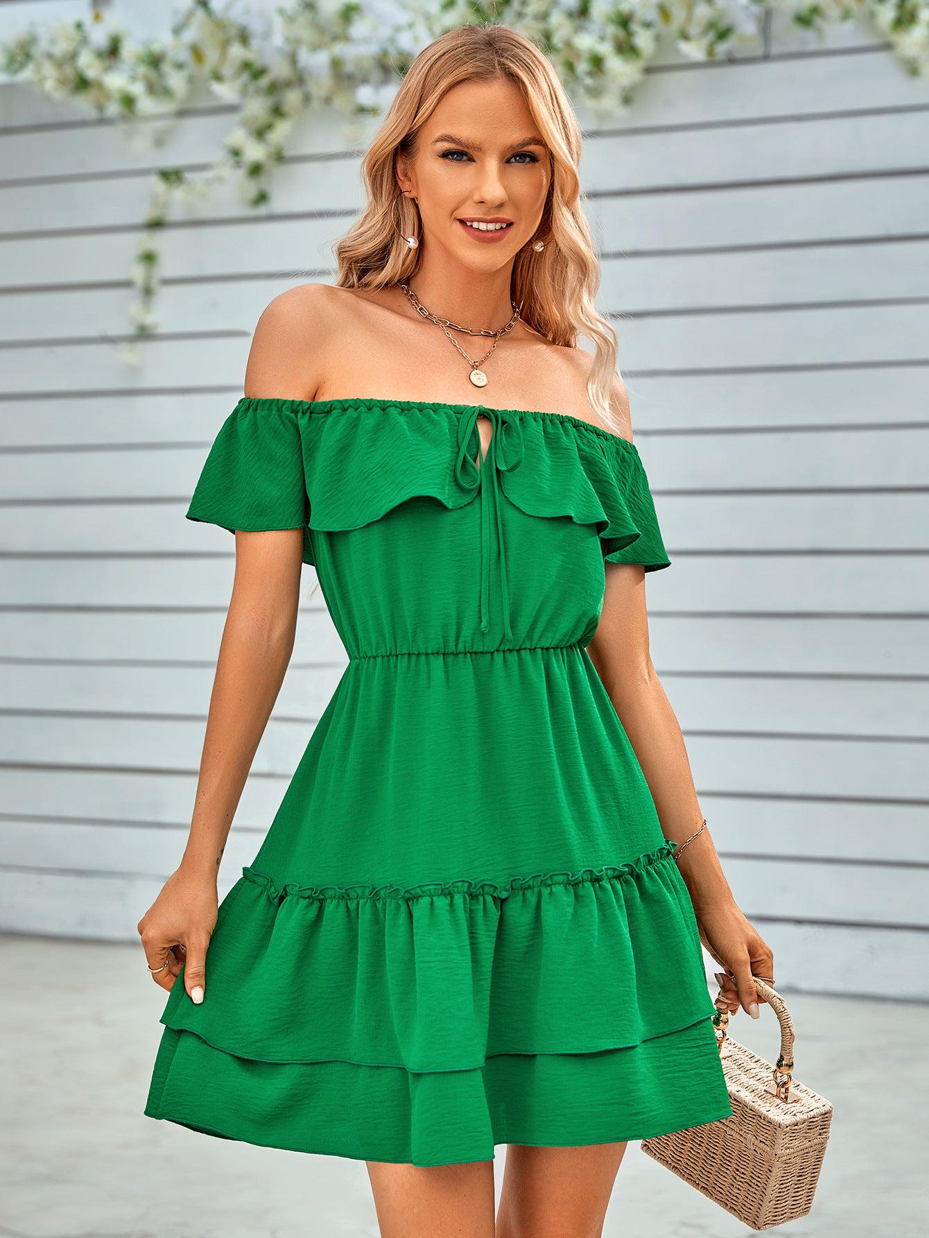 Ruffled Off-Shoulder Tied Dress-TOPS / DRESSES-[Adult]-[Female]-Green-S-2022 Online Blue Zone Planet